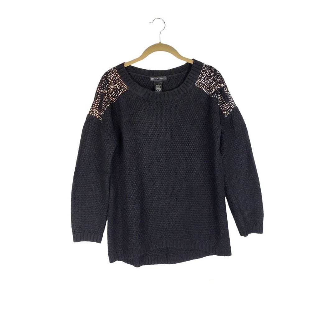 Design History Jewel Shoulder Sweater Black Knit Bling Iridescent Studded Size S